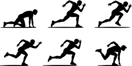 A set of six black silhouettes showing the different stages of a male athlete sprinting, from the...