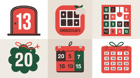 A set of six vector illustrations featuring various Advent calendars and festive numbers for the Christmas countdown, including chocolate and gift box designs in a modern style.のイラスト素材