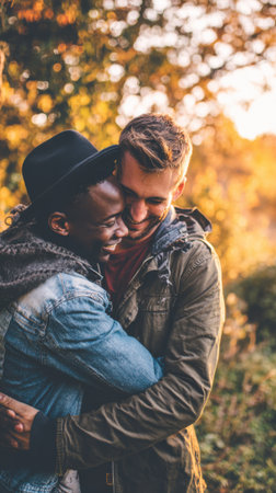 A happy gay couple sharing a tender moment outdoors, surrounded by the warm colors of autumn foliage.の素材