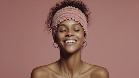 A radiant Black woman with curly hair, wearing a pink headband, closes her eyes and smiles warmly against a soft pink background.の素材