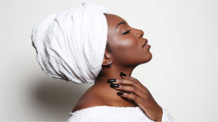 A serene portrait of a Black woman with her eyes closed, wearing a white turban and an off-shoulder top, touching her neck.の素材