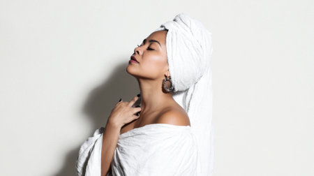 A serene woman with a towel wrapped around her head and body, enjoying a moment of relaxation and self-care.の素材