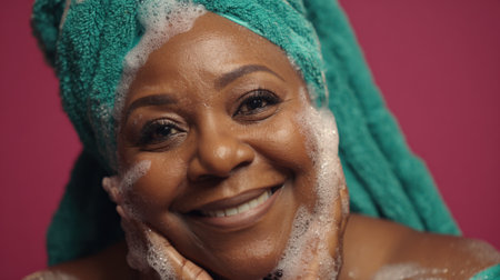 Close up of a smiling Black woman with a towel on her head and soap suds on her face, looking at the camera.の素材
