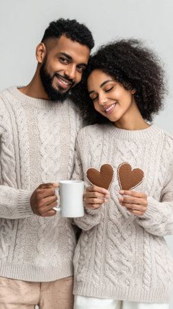 A happy couple wearing matching cable-knit sweaters, sharing a warm moment with a mug of hot beverage and heart-shaped cookies.の素材