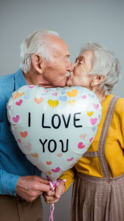 An elderly couple shares a loving kiss while holding a heart-shaped balloon that saysの素材