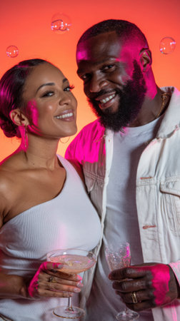 A joyful mixed-race couple smiles warmly while holding glasses, surrounded by festive bubbles and vibrant lighting.の素材