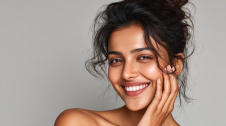 Close-up portrait of a young woman with dark hair styled in a messy bun, her hand gently touching her face, exuding happiness and natural beauty.の素材