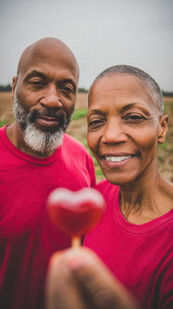 A loving elderly African American couple smiles at the camera, holding a heart-shaped lollipop. They are wearing matching red shirts and appear happy and affectionate.の素材
