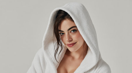 A close-up portrait of a young woman with dark hair and striking eyes, wearing a soft white hooded robe, looking towards the camera with a gentle smile.の素材