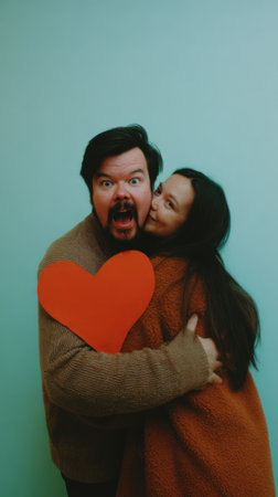 A playful couple shares a moment of affection, with the woman kissing the mans cheek while he holds a large red heart. The teal background adds a vibrant contrast.の素材