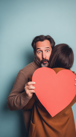 A man with a surprised expression holds a large red heart, obscuring his partners back. They are against a teal background.の素材