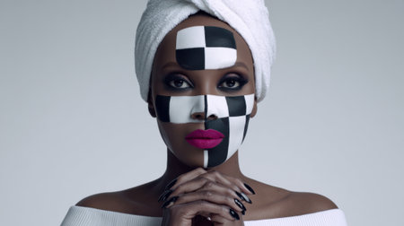 A striking portrait of a woman with bold black and white checkerboard face paint and a white towel wrapped around her head.の素材