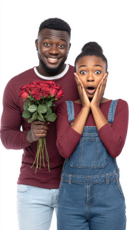 A Black man surprises a Black woman with a bouquet of red roses. The woman looks shocked and delighted, while the man smiles broadly.の素材