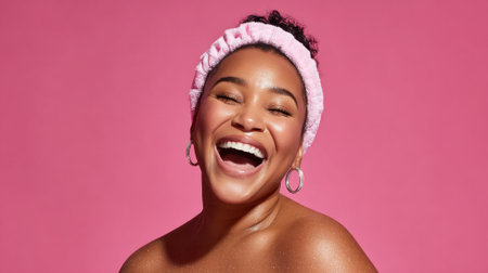 A close-up shot of a happy Black woman with her eyes closed, laughing heartily. She is wearing a pink headband and has a radiant smile.の素材