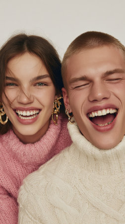 A happy young couple shares a moment of laughter, their faces lit up with joy. They are wearing warm, comfortable sweaters.の素材