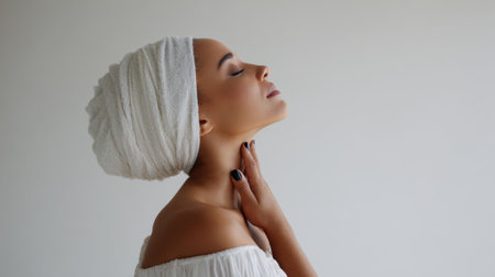 A beautiful woman with a white turban and off-the-shoulder top, posing gracefully with her eyes closed and hand on her neck.の素材
