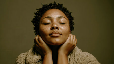 A close-up portrait of a Black woman with her eyes closed, resting her chin on her hands, conveying peace and tranquility.の素材