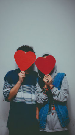 A couple stands against a gray wall, each holding a red heart shape to obscure their faces, conveying a sense of mystery and shared affection.の素材