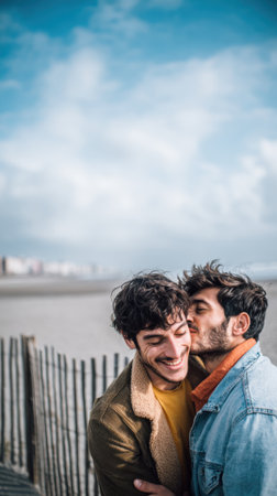 A romantic scene of two men embracing on a beach, one kissing the other on the cheek, with a weathered wooden fence and a vast cloudy sky in the background.の素材