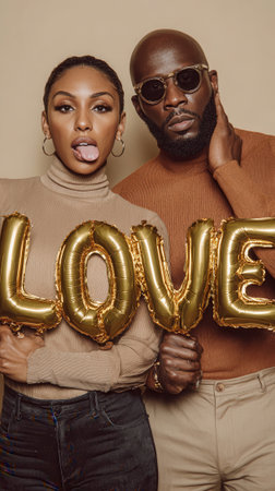 A stylish couple poses together holding golden balloons that spell out the word LOVE, conveying a message of affection and romance.の素材