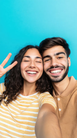 A joyful young couple smiles brightly as they take a selfie, with the woman making a peace sign.の素材