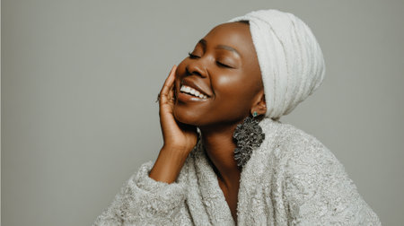A radiant Black woman with a white turban and a soft, fuzzy sweater is captured in a moment of pure joy, her eyes closed and a wide smile on her face.の素材
