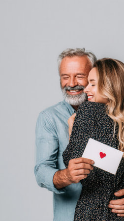 A happy elderly man with a beard hugs a young woman who is holding a love letter with a heart on it.の素材