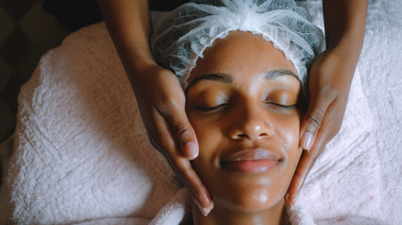 A woman with closed eyes enjoys a relaxing facial massage at a spa, wearing a hair net.の素材