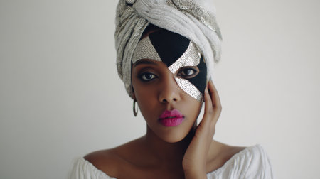 Close-up portrait of a young Black woman with striking makeup and a patterned headwrap, looking directly at the camera.の素材