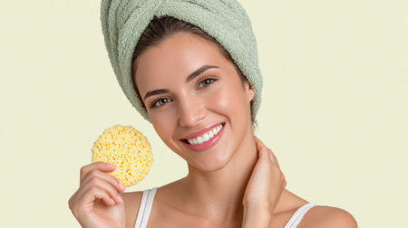 A smiling woman with a towel wrapped around her head holds a facial sponge, ready for her skincare routine.の素材