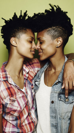 A close-up portrait of two young women with dreadlocks, looking at each other with closed eyes and smiles, their foreheads touching. One woman has her arm around the others shoulder.の素材