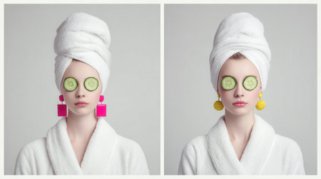 Split screen image of two women in white bathrobes and towels with cucumber slices on their eyes and large earringsの素材