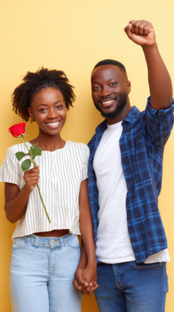 A joyful Black couple stands close, holding hands and a red rose, with the man raising his fist in celebration against a yellow background.の素材