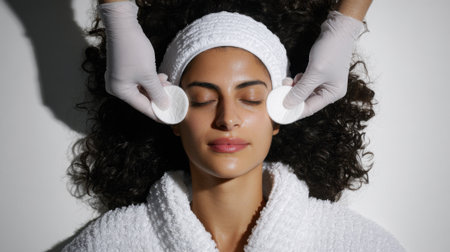 A woman with closed eyes and curly hair receives a facial treatment with cotton pads from a spa professional wearing gloves.の素材