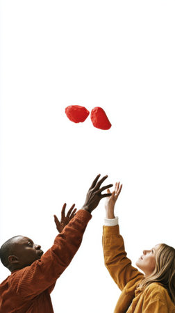 A man and a woman are reaching up towards two red heart-shaped balloons floating in the air. The image has a clean, minimalist aesthetic with a white background.の素材