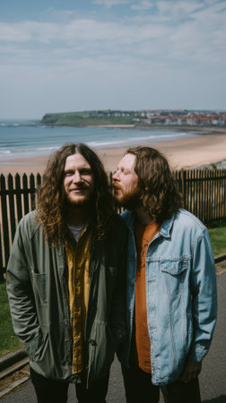 Two young men with long, curly brown hair stand side-by-side on a sunny day at the beach. The man on the left wears a grey jacket over a yellow shirt, while the man on the right wears a light blue denim jacket over an orange shirt. They are looking towards the camera with a relaxed expression. The background shows a sandy beach, a wooden fence, and the blue ocean under a clear sky.の素材
