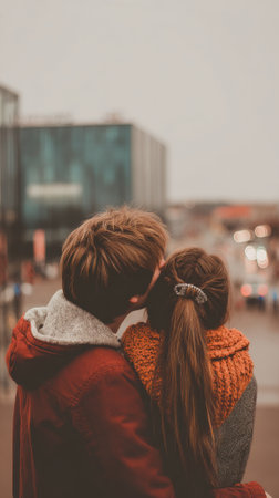 A couple shares a tender moment, embracing each other with a blurred city in the background, evoking warmth and connection.の素材
