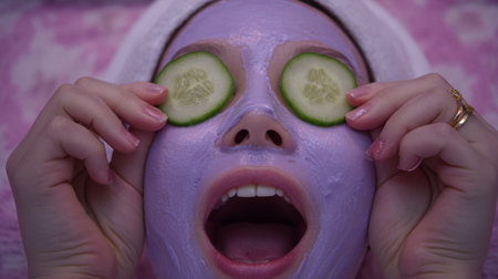 Close-up of a woman with a purple face mask and cucumber slices on her eyes, looking surprised and relaxed.の素材