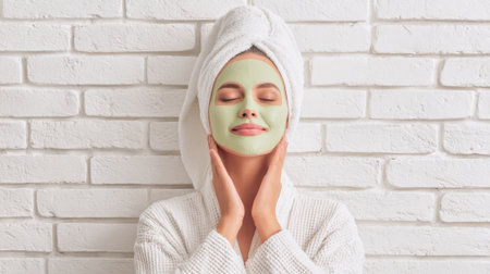 A woman with closed eyes and a green face mask on, wearing a towel on her head and a white robe, relaxes against a white brick wall.の素材
