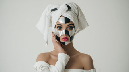 A woman with a striking black and white geometric face mask and a white towel wrapped around her head, looking directly at the camera.の素材
