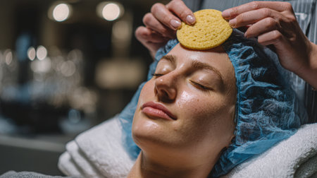 Close-up of a woman with eyes closed receiving a facial treatment with a sponge in a spa settingの素材