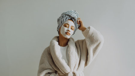 A woman with a white face mask and a towel wrapped around her head, wearing a fluffy bathrobe, is posing with her eyes closed.の素材