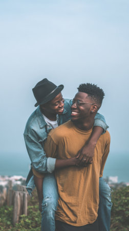 A joyful moment between two men, one giving the other a piggyback ride, with a blurred natural landscape in the background.の素材
