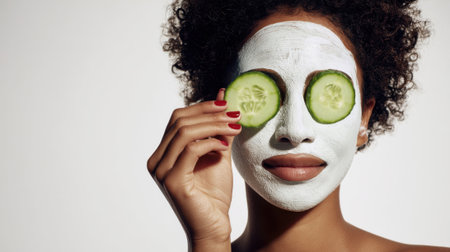 A woman with curly hair applies a white face mask and cucumber slices to her eyes for a spa treatment.の素材