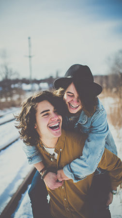 A joyful young couple shares a piggyback ride on a snowy day, laughing and embracing the winter weather.の素材