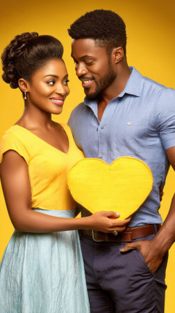 A smiling young black couple stands close together, holding a bright yellow heart shape between them against a vibrant yellow background.の素材