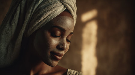 A young Black woman with a towel wrapped around her head, eyes closed, appears to be applying a face mask. The lighting is soft and warm, creating a serene atmosphere.の素材