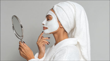 A woman in a white robe and towel on her head applies a white face mask while looking in a hand mirror.の素材