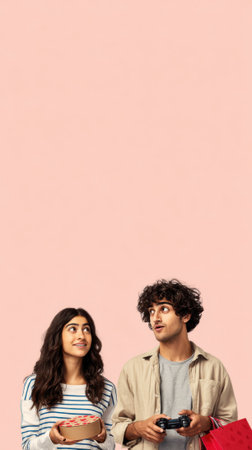 A young man and woman are looking up and smiling while holding video game controllers, suggesting a fun and engaging gaming session.の素材