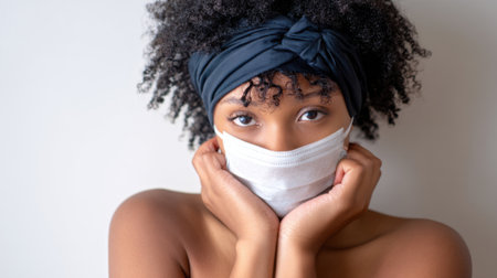 Close-up portrait of a young Black woman with curly hair wearing a white face mask and a black headband, looking at the camera with her hands on her chin.の素材